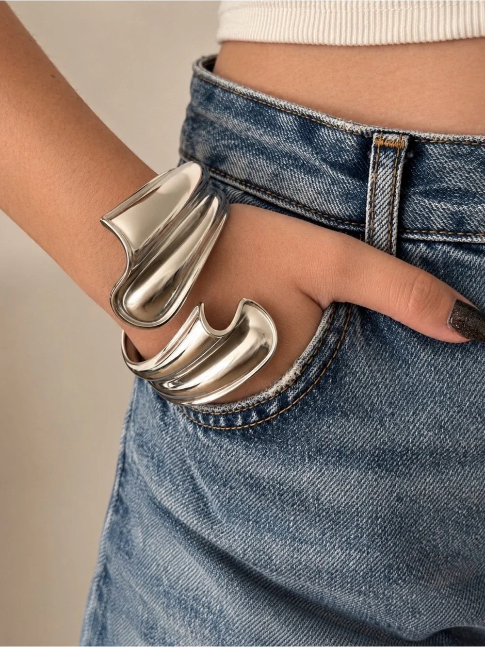 Silver Sculptural Cuff Bracelet Chunky Statement Modern Jewelry